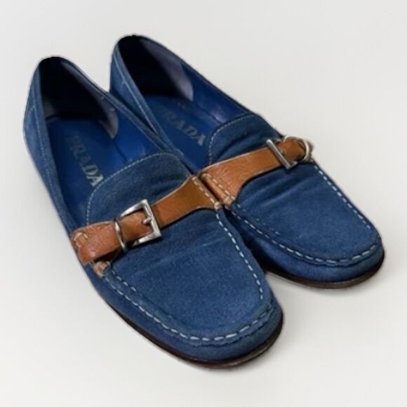 Prada Blue Suede Loafers w/ Tan Leather Buckle Accent | Size 37 | Made in Italy - Picture 1 of 6
